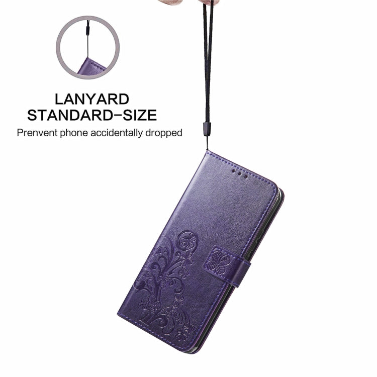 For Samsung Galaxy S22 Ultra 5G Four-leaf Clasp Embossed Leather Phone Case with Lanyard & Card Slot & Wallet & Bracket Function(Purple)