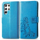 For Samsung Galaxy S22 Ultra 5G Four-leaf Clasp Embossed Leather Phone Case with Lanyard & Card Slot & Wallet & Bracket Function(Blue)