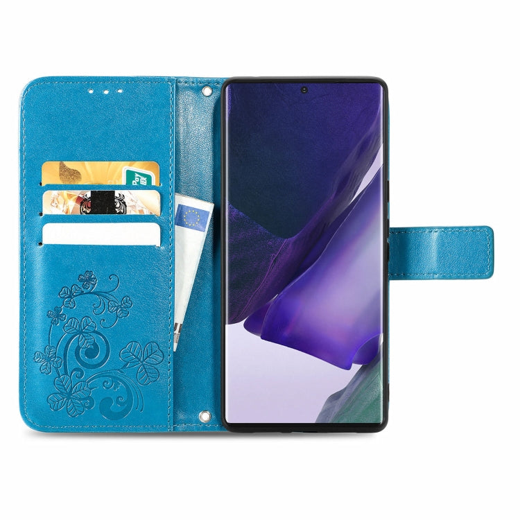 For Samsung Galaxy S22 Ultra 5G Four-leaf Clasp Embossed Leather Phone Case with Lanyard & Card Slot & Wallet & Bracket Function(Blue)