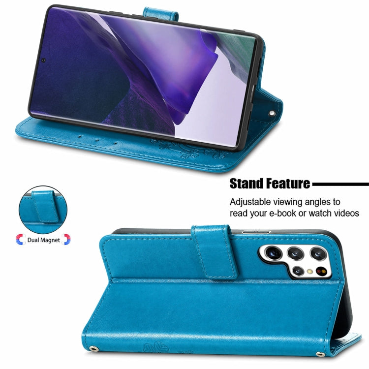 For Samsung Galaxy S22 Ultra 5G Four-leaf Clasp Embossed Leather Phone Case with Lanyard & Card Slot & Wallet & Bracket Function(Blue)