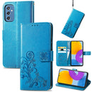 For Samsung Galaxy M52 5G Four-leaf Clasp Embossed Leather Phone Case with Lanyard & Card Slot & Wallet & Bracket Function(Blue)
