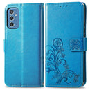 For Samsung Galaxy M52 5G Four-leaf Clasp Embossed Leather Phone Case with Lanyard & Card Slot & Wallet & Bracket Function(Blue)