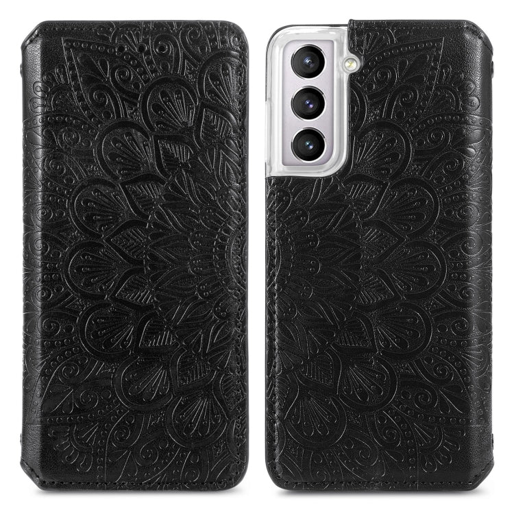 For Samsung Galaxy S22 5G Blooming Mandala Embossed Magnetic Horizontal Flip Leather Case with Holder & Card Slots & Wallet(Black)