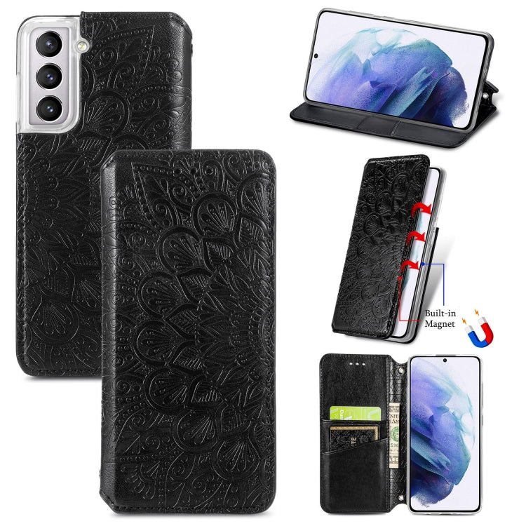 For Samsung Galaxy S22 5G Blooming Mandala Embossed Magnetic Horizontal Flip Leather Case with Holder & Card Slots & Wallet(Black)