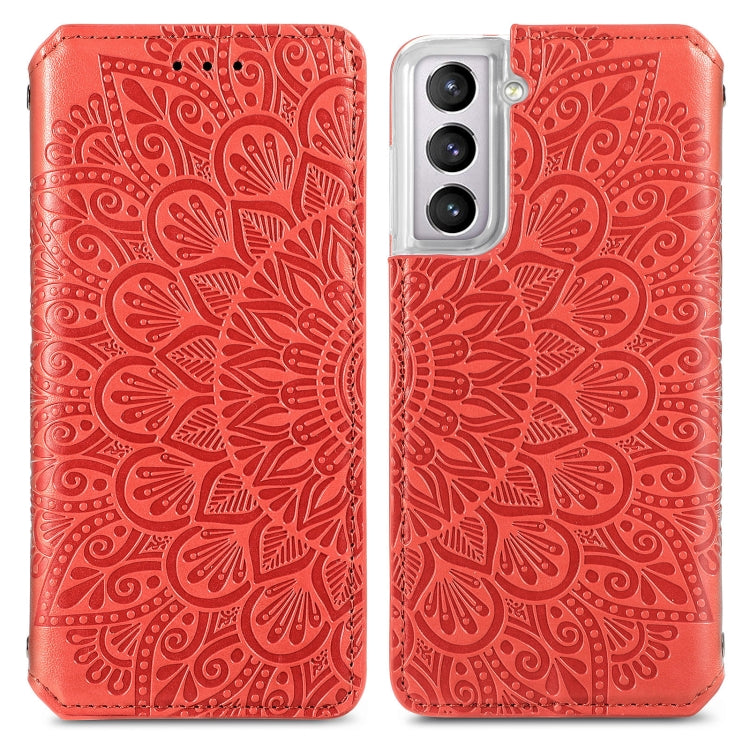 For Samsung Galaxy S22 5G Blooming Mandala Embossed Magnetic Horizontal Flip Leather Case with Holder & Card Slots & Wallet(Red)