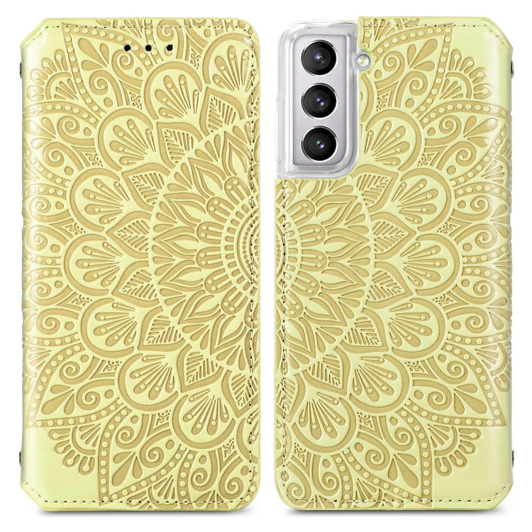 For Samsung Galaxy S22 5G Blooming Mandala Embossed Magnetic Horizontal Flip Leather Case with Holder & Card Slots & Wallet(Yellow)