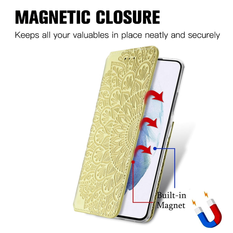 For Samsung Galaxy S22 5G Blooming Mandala Embossed Magnetic Horizontal Flip Leather Case with Holder & Card Slots & Wallet(Yellow)