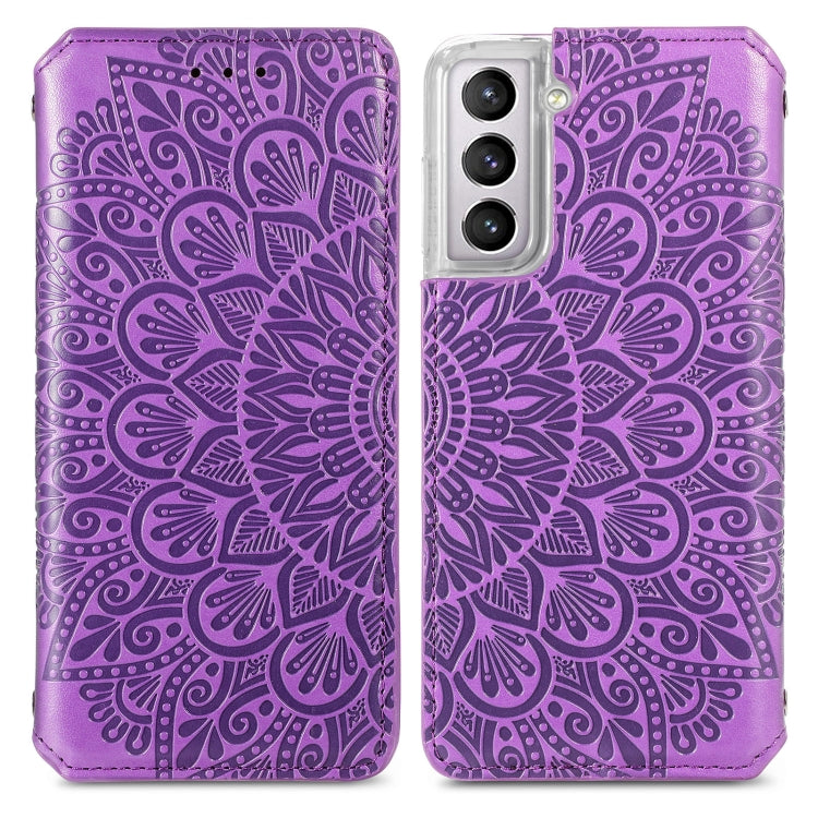 For Samsung Galaxy S22 5G Blooming Mandala Embossed Magnetic Horizontal Flip Leather Case with Holder & Card Slots & Wallet(Purple)