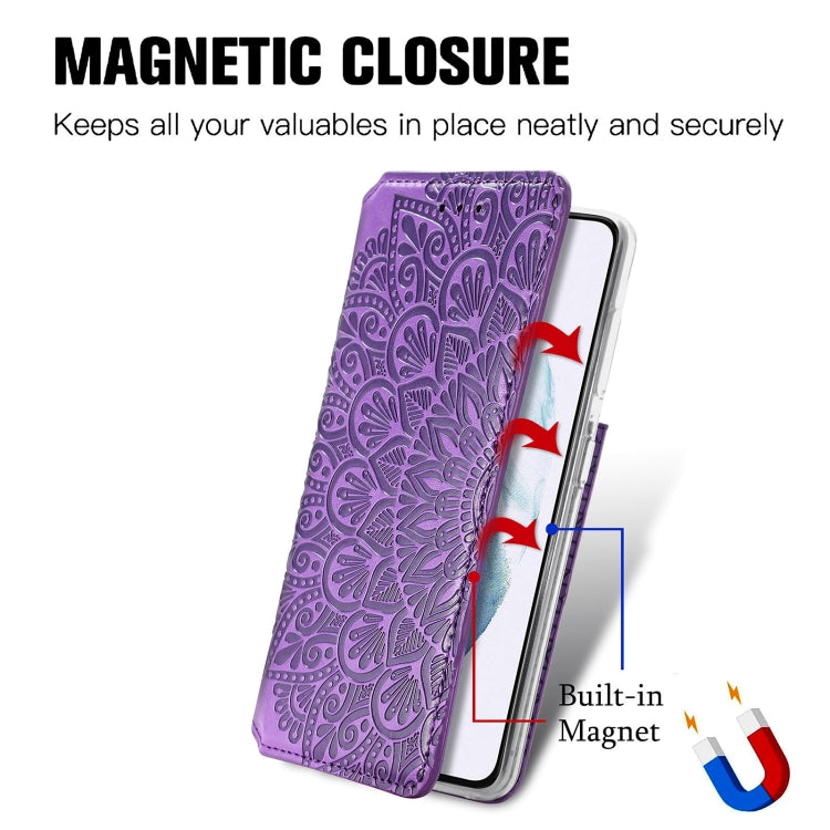 For Samsung Galaxy S22 5G Blooming Mandala Embossed Magnetic Horizontal Flip Leather Case with Holder & Card Slots & Wallet(Purple)
