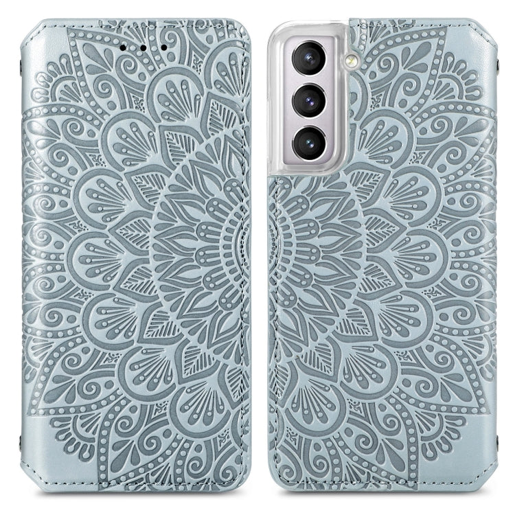 For Samsung Galaxy S22 5G Blooming Mandala Embossed Magnetic Horizontal Flip Leather Case with Holder & Card Slots & Wallet(Silver)