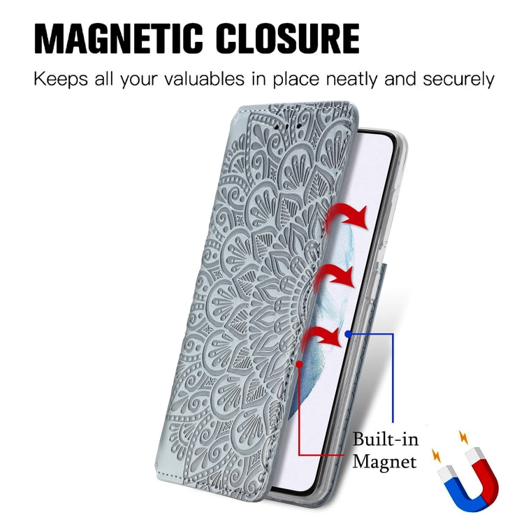 For Samsung Galaxy S22 5G Blooming Mandala Embossed Magnetic Horizontal Flip Leather Case with Holder & Card Slots & Wallet(Silver)