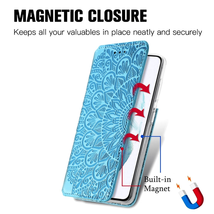 For Samsung Galaxy S22 5G Blooming Mandala Embossed Magnetic Horizontal Flip Leather Case with Holder & Card Slots & Wallet(Blue)