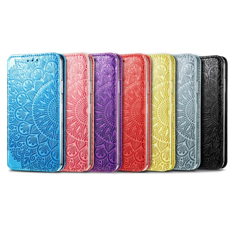 For Samsung Galaxy S22 5G Blooming Mandala Embossed Magnetic Horizontal Flip Leather Case with Holder & Card Slots & Wallet(Blue)
