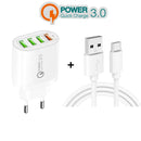 QC-04 QC3.0 + 3 x USB2.0 Multi-ports Charger with 3A USB to Type-C Data Cable, EU Plug(White)
