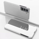 For Samsung Galaxy S22 5G Plated Mirror Horizontal Flip Leather Case with Holder(Silver)