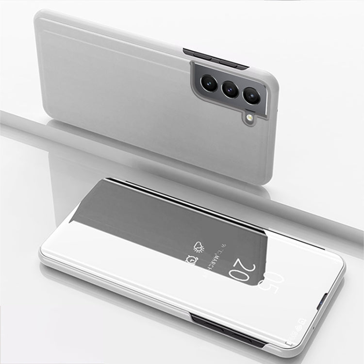 For Samsung Galaxy S22 5G Plated Mirror Horizontal Flip Leather Case with Holder(Silver)