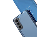 For Samsung Galaxy S22 5G Plated Mirror Horizontal Flip Leather Case with Holder(Blue)
