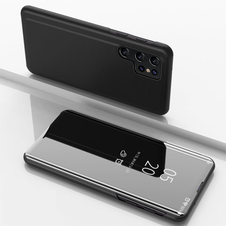 For Samsung Galaxy S22 Ultra 5G Plated Mirror Horizontal Flip Leather Case with Holder(Black)