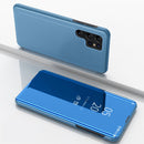 For Samsung Galaxy S22 Ultra 5G Plated Mirror Horizontal Flip Leather Case with Holder(Blue)