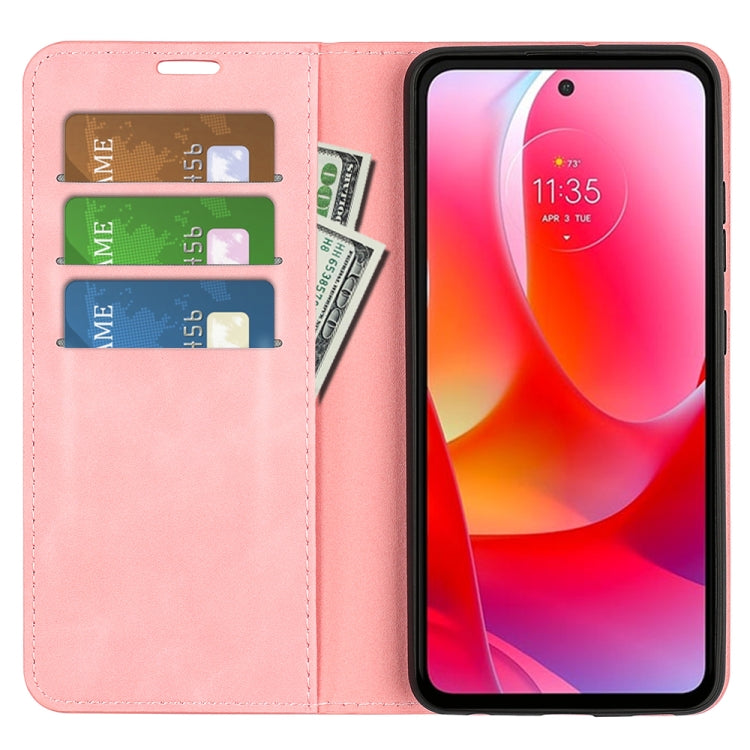 For Motorola Moto G Power 2022 Retro-skin Magnetic Suction Phone Leather Case with Holder & Card Slots & Wallet(Pink)