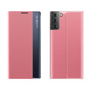 For Samsung Galaxy S22 5G Side Display Magnetic Flip Plain Cloth + PC Case with Holder & Sleep / Wake-up Function(Rose Gold)