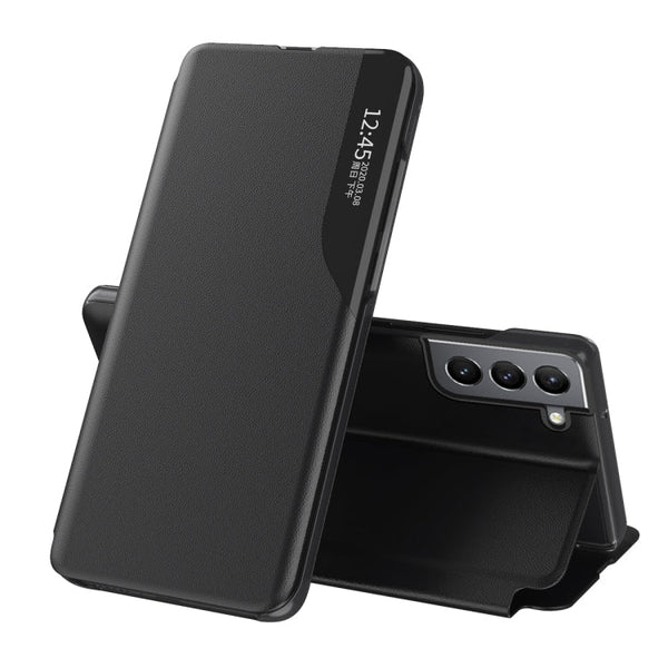 For Samsung Galaxy S22 5G Side Display Shockproof Horizontal Flip Leather Case with Holder(Black)