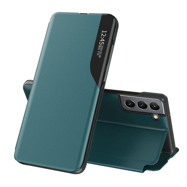For Samsung Galaxy S22 5G Side Display Shockproof Horizontal Flip Leather Case with Holder(Green)