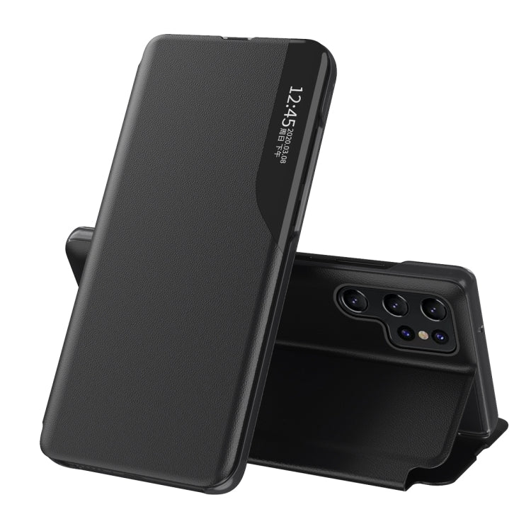 For Samsung Galaxy S22 Ultra 5G Side Display Shockproof Horizontal Flip Leather Case with Holder(Black)