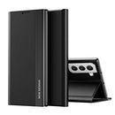 For Samsung Galaxy S22 5G Side Electroplated Magnetic Ultra-Thin Horizontal Flip Leather Case with Holder(Black)