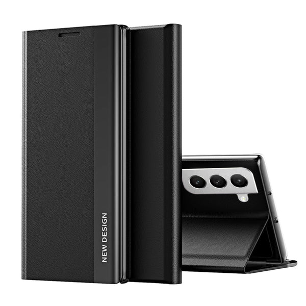 For Samsung Galaxy S22 5G Side Electroplated Magnetic Ultra-Thin Horizontal Flip Leather Case with Holder(Black)