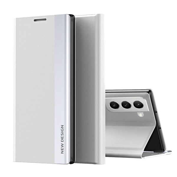 For Samsung Galaxy S22+ 5G Side Electroplated Magnetic Ultra-Thin Horizontal Flip Leather Case with Holder(Silver)