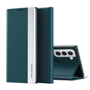 For Samsung Galaxy S22+ 5G Side Electroplated Magnetic Ultra-Thin Horizontal Flip Leather Case with Holder(Green)