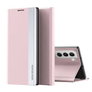 For Samsung Galaxy S22+ 5G Side Electroplated Magnetic Ultra-Thin Horizontal Flip Leather Case with Holder(Pink)