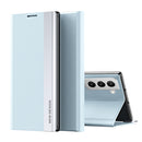For Samsung Galaxy S22+ 5G Side Electroplated Magnetic Ultra-Thin Horizontal Flip Leather Case with Holder(Light Blue)