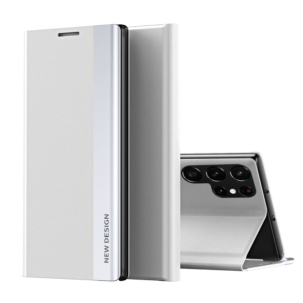 For Samsung Galaxy S22 Ultra 5G Side Electroplated Magnetic Ultra-Thin Horizontal Flip Leather Case with Holder(Silver)