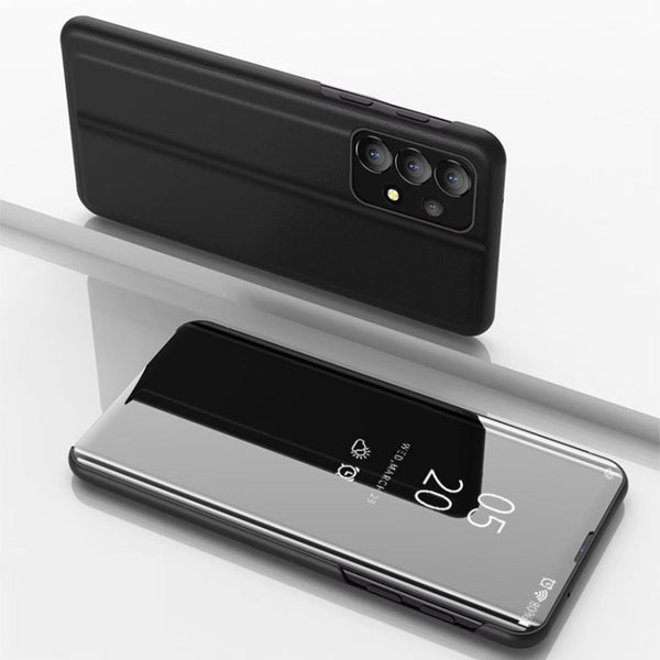 For Samsung Galaxy A73 5G Plated Mirror Flip Leather Case with Holder(Black)