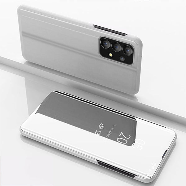 For Samsung Galaxy A73 5G Plated Mirror Flip Leather Case with Holder(Silver)