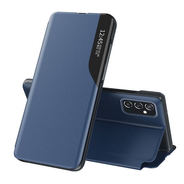 For Samsung Galaxy A73 5G Side Display Flip Leather Phone Case with Holder(Blue)