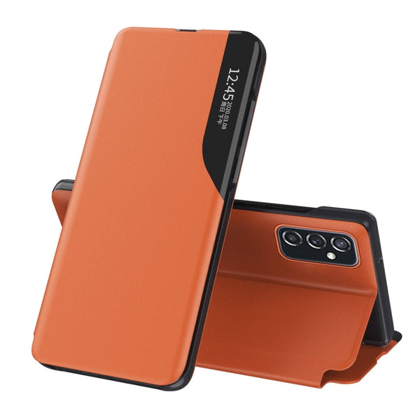 For Samsung Galaxy A73 5G Side Display Flip Leather Phone Case with Holder(Orange)