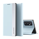For Samsung Galaxy A33 5G Side Electroplated Magnetic Flip Leather Case with Holder(Light Blue)