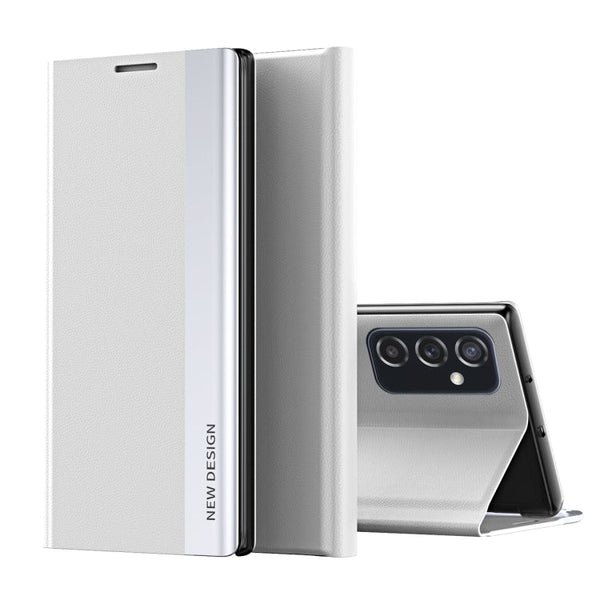 For Samsung Galaxy A73 5G Side Electroplated Magnetic Flip Leather Case with Holder(Silver)