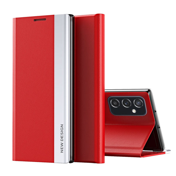 For Samsung Galaxy A73 5G Side Electroplated Magnetic Flip Leather Case with Holder(Red)
