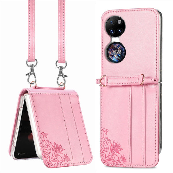 For Huawei P50 Pocket Diagonal Embossed Card Folding Phone Case(Pink)
