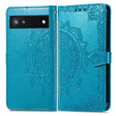 For Google Pixel 6a Mandala Flower Embossed Flip Leather Phone Case(Blue)