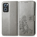 For OPPO Reno7 5G Four-leaf Clasp Embossed Buckle Leather Phone Case(Grey)