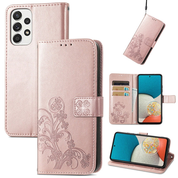 For Samsung Galaxy A73 5G Four-leaf Clasp Embossed Leather Phone Case(Rose Gold)