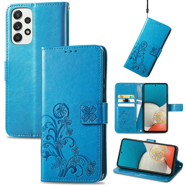 For Samsung Galaxy A73 5G Four-leaf Clasp Embossed Leather Phone Case(Blue)