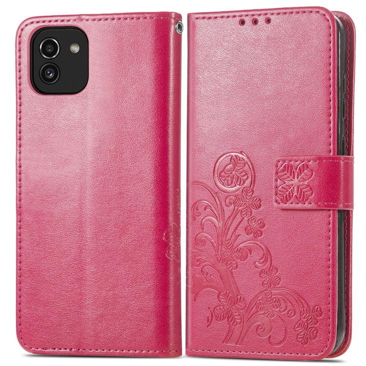 For Samsung Galaxy A03 Four-leaf Clasp Embossed Leather Phone Case(Rose Red)