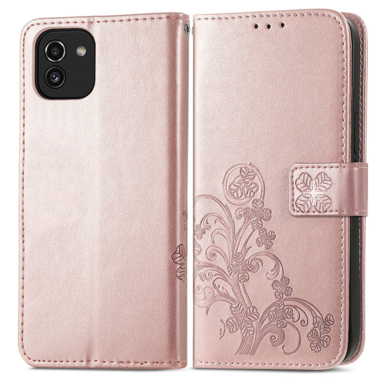 For Samsung Galaxy A03 Four-leaf Clasp Embossed Leather Phone Case(Rose Gold)