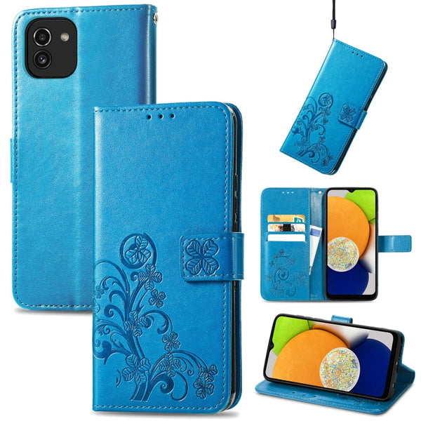 For Samsung Galaxy A03 Four-leaf Clasp Embossed Leather Phone Case(Blue)